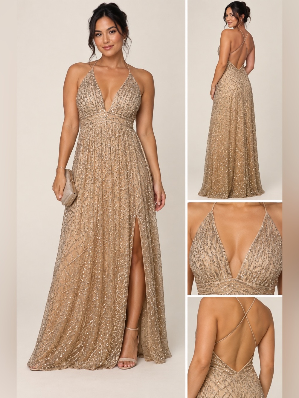 Luxxel Formal Dress Glittering Nude Gold Sequin Deep V Crisscross Gown size M